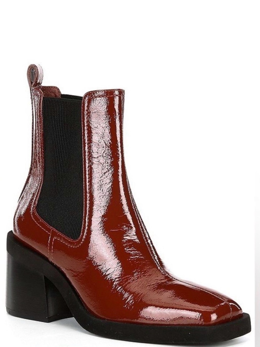 Gianni Bini Banks Crinkle Brown Patent Double Gore Square Toe Boot 7.5 NWOB